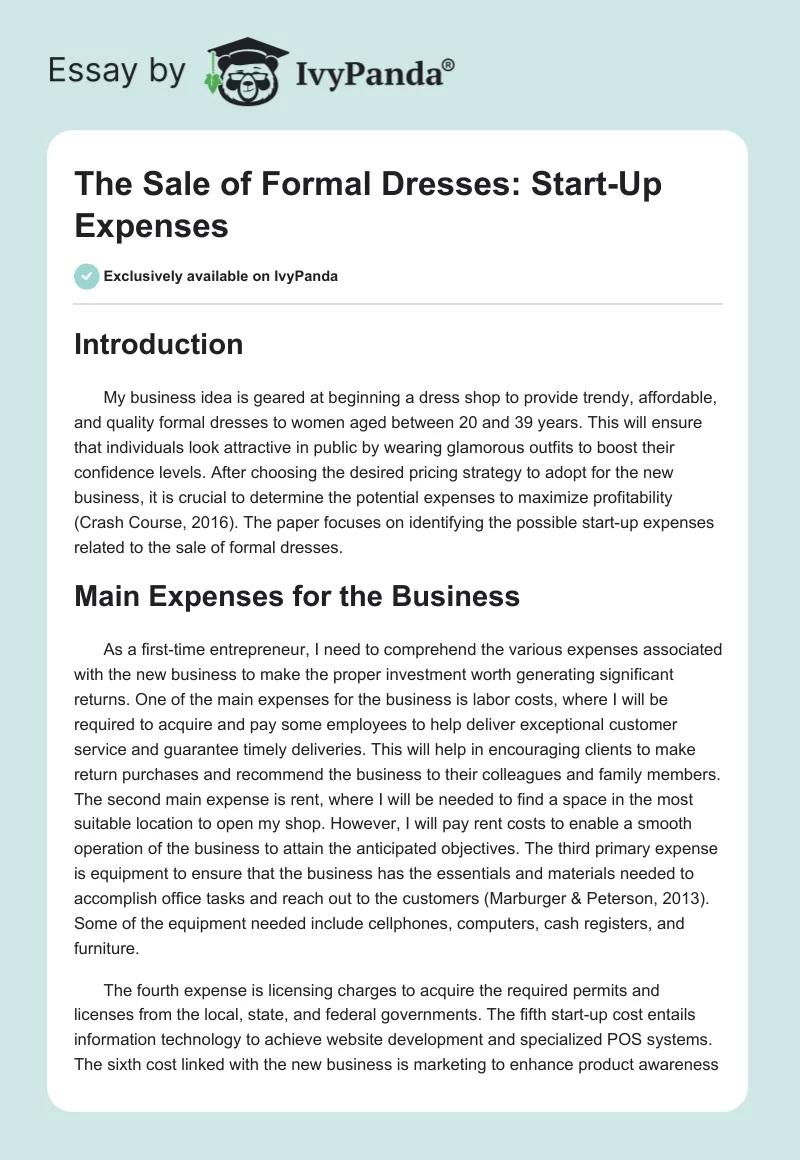 The Sale of Formal Dresses: Start-Up Expenses. Page 1