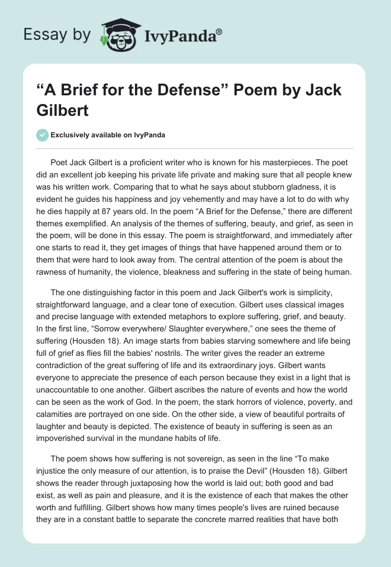 “A Brief for the Defense” Poem by Jack Gilbert. Page 1