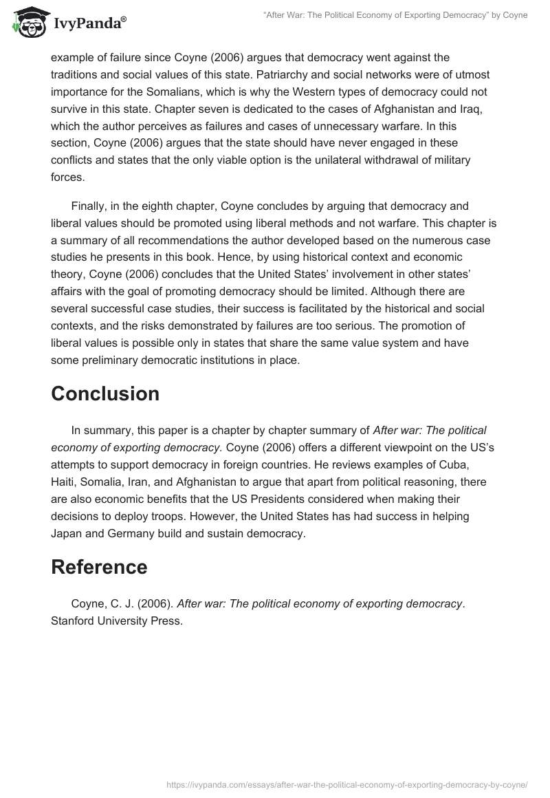 “After War: The Political Economy of Exporting Democracy” by Coyne. Page 3