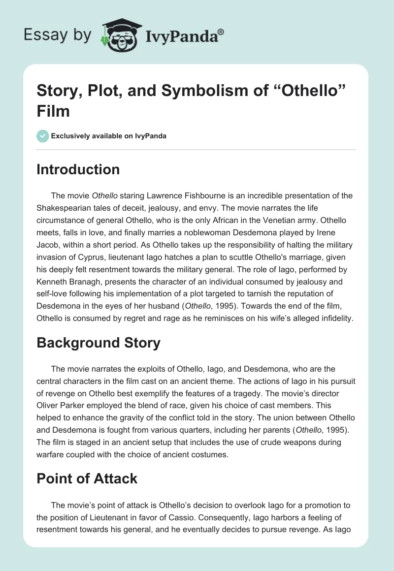 Story, Plot, and Symbolism of “Othello” Film. Page 1