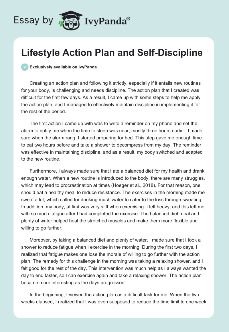 Lifestyle Action Plan and Self-Discipline. Page 1