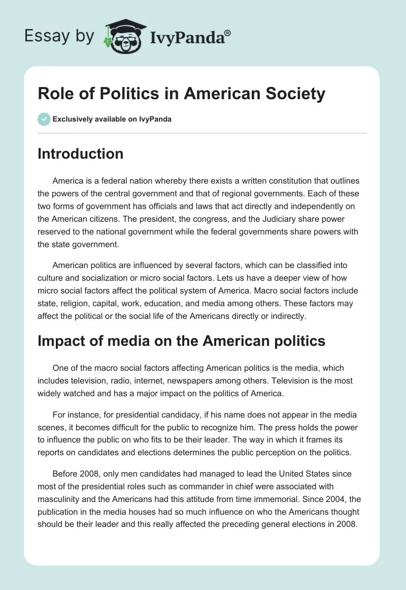 Role of Politics in American Society. Page 1