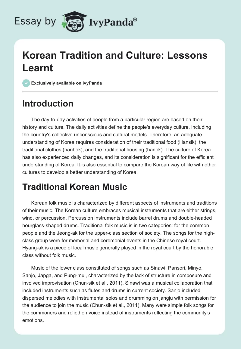 Korean Tradition and Culture: Lessons Learnt. Page 1