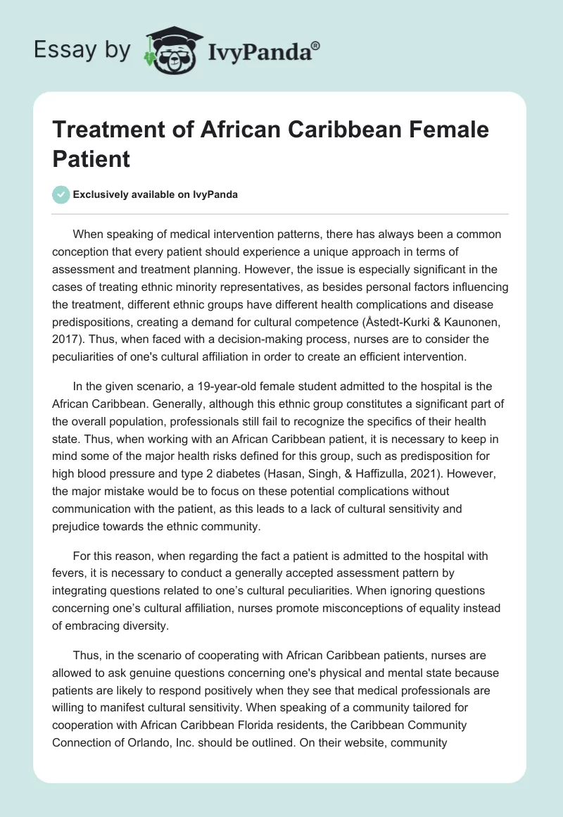 Treatment of African Caribbean Female Patient. Page 1