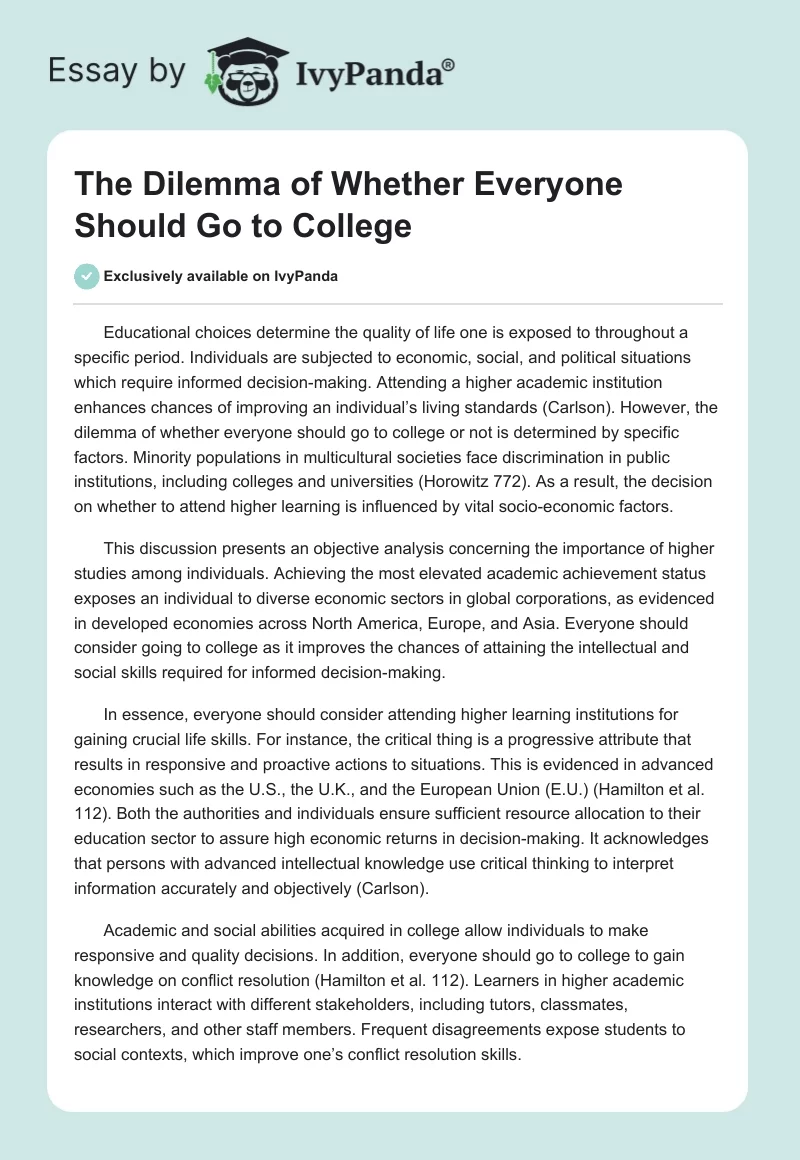 The Dilemma of Whether Everyone Should Go to College. Page 1