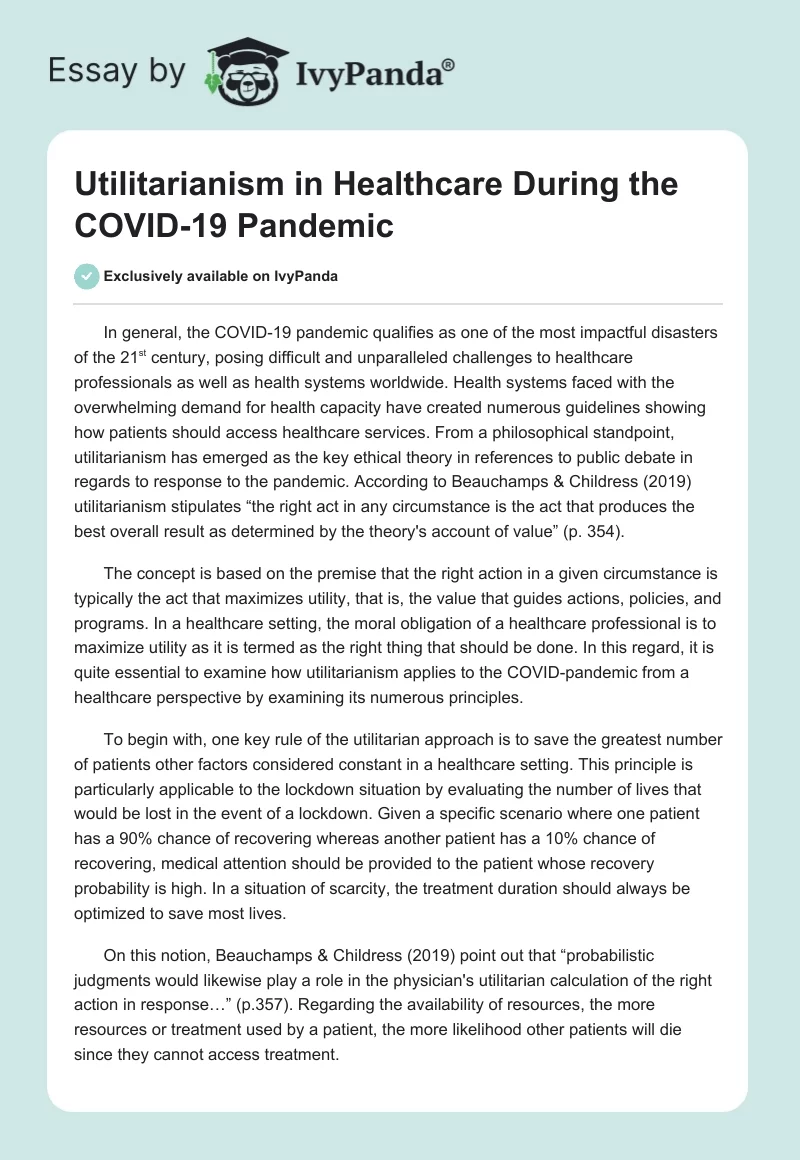Utilitarianism in Healthcare During the COVID-19 Pandemic. Page 1