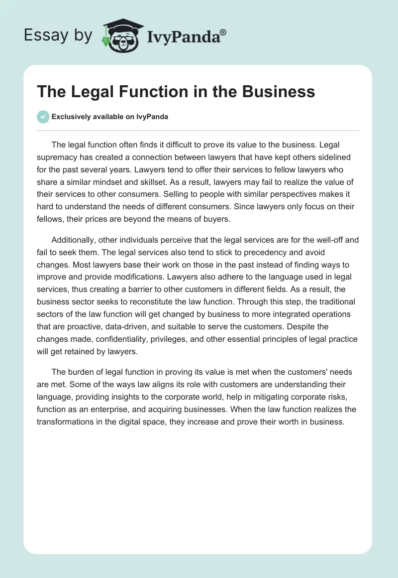 The Legal Function in the Business. Page 1