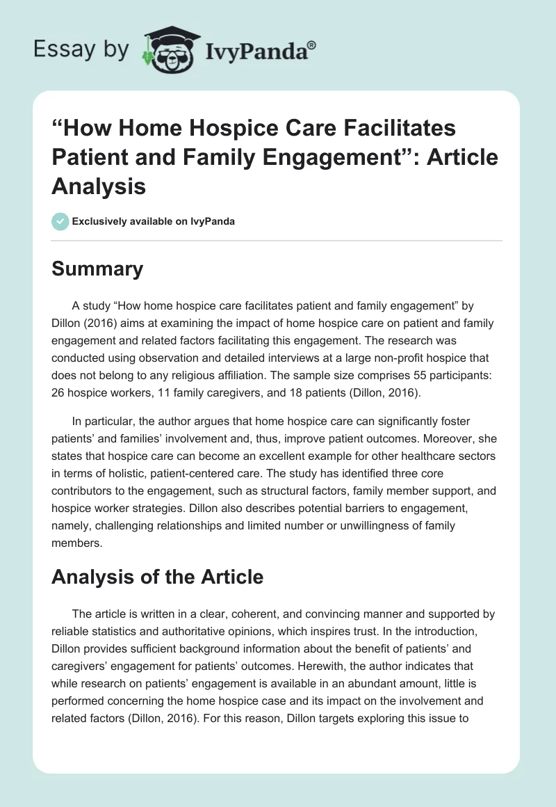 “How Home Hospice Care Facilitates Patient and Family Engagement”: Article Analysis. Page 1
