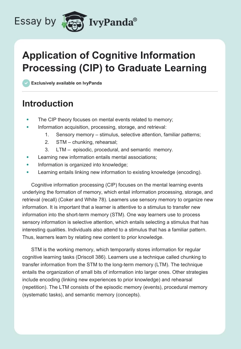 Application of Cognitive Information Processing (CIP) to Graduate Learning. Page 1