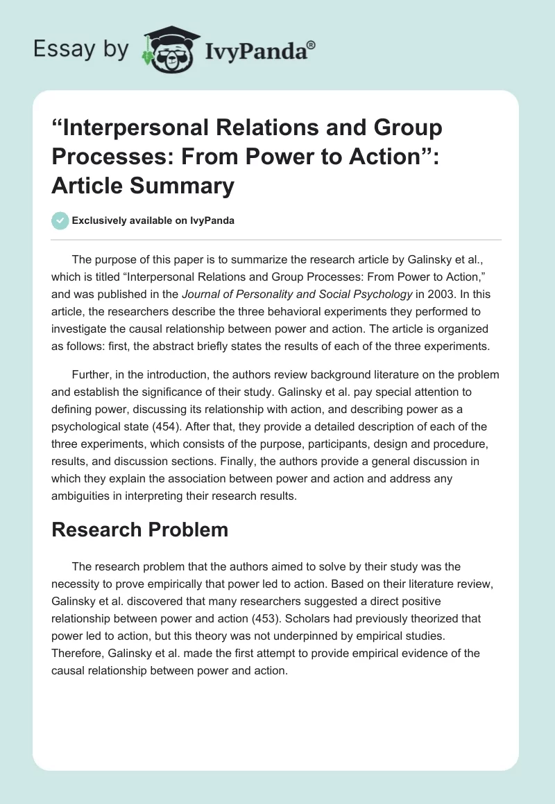 “Interpersonal Relations and Group Processes: From Power to Action”: Article Summary. Page 1
