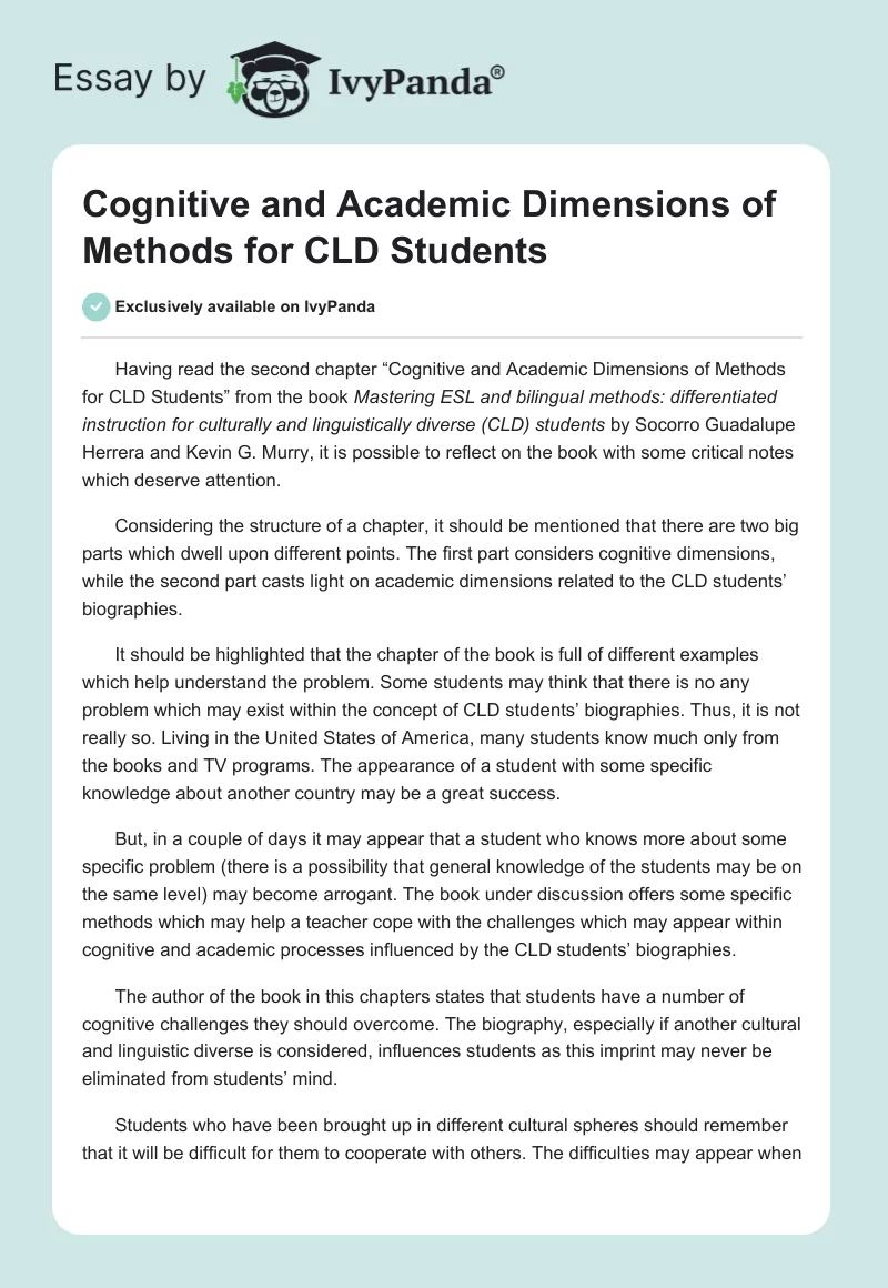 Cognitive and Academic Dimensions of Methods for CLD Students. Page 1