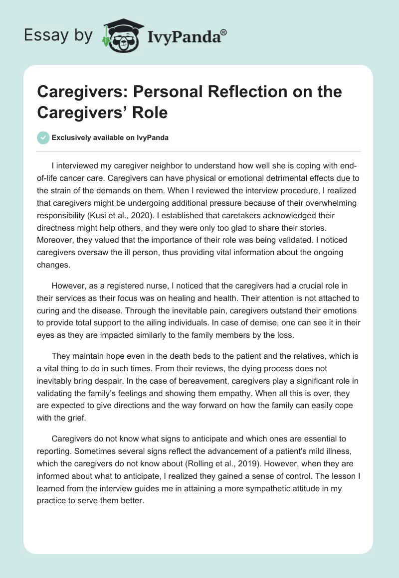 Caregivers: Personal Reflection on the Caregivers’ Role. Page 1