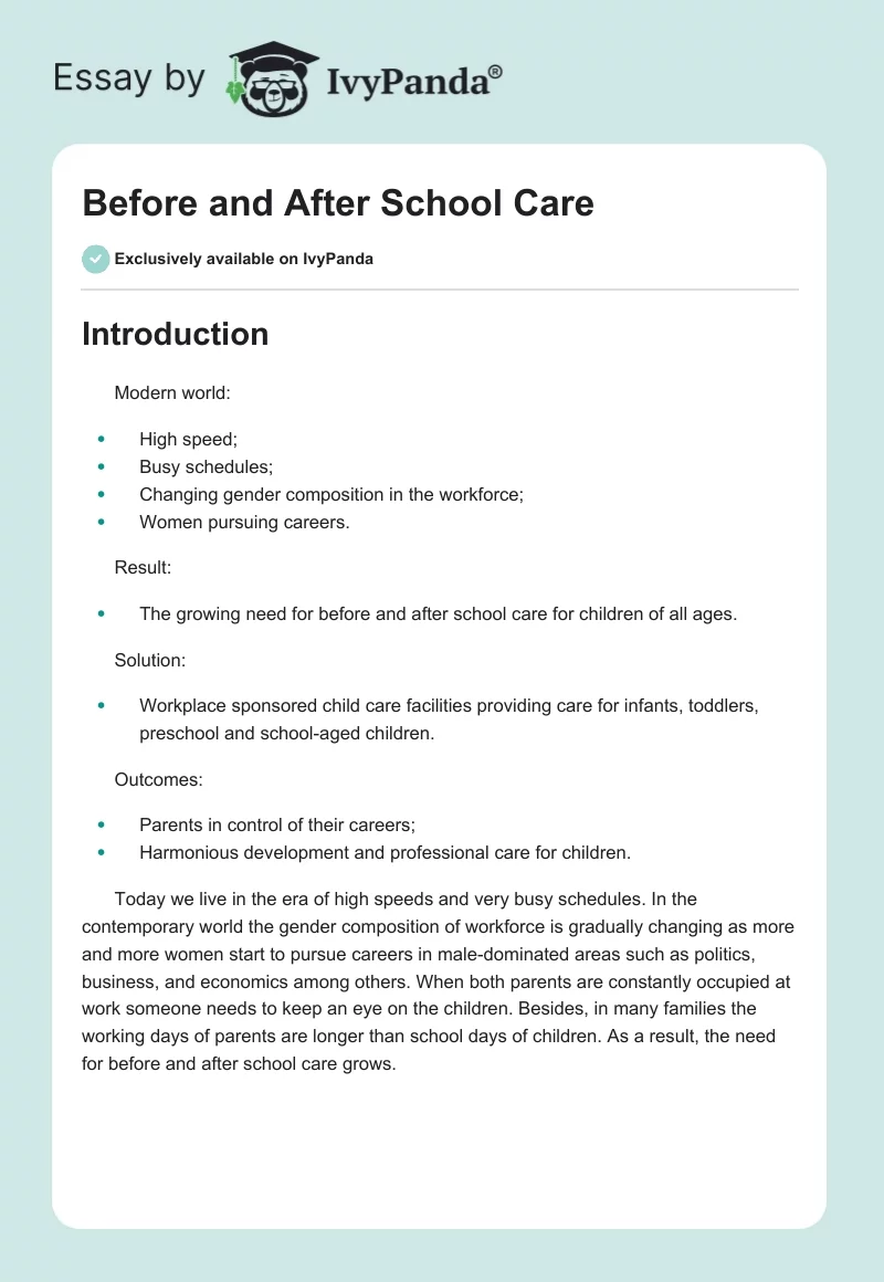 Before and After School Care. Page 1