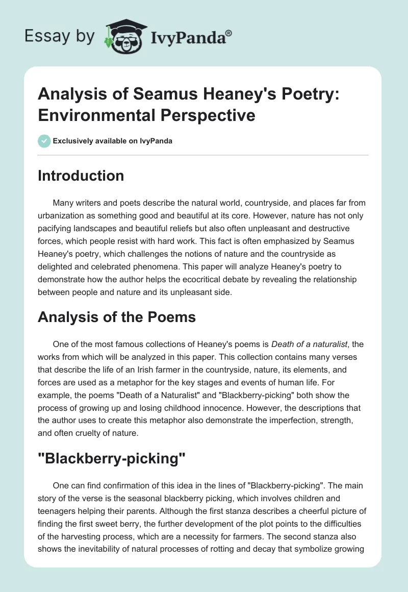 Analysis of Seamus Heaney's Poetry: Environmental Perspective. Page 1