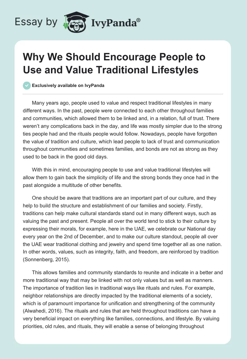 Why We Should Encourage People to Use and Value Traditional Lifestyles. Page 1
