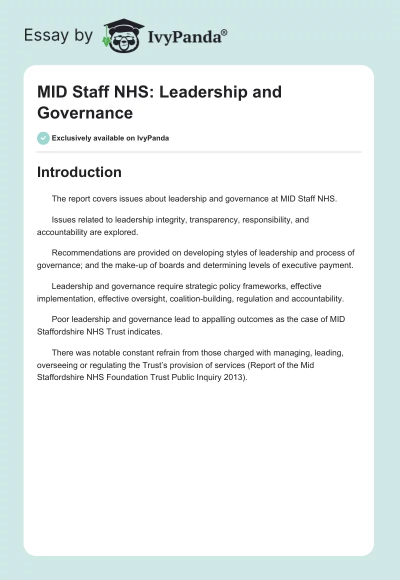 MID Staff NHS: Leadership and Governance. Page 1
