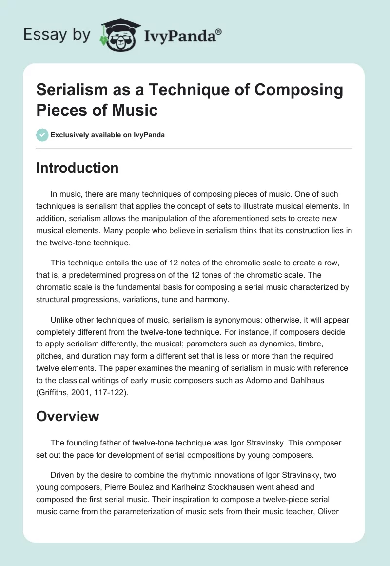 Serialism as a Technique of Composing Pieces of Music. Page 1