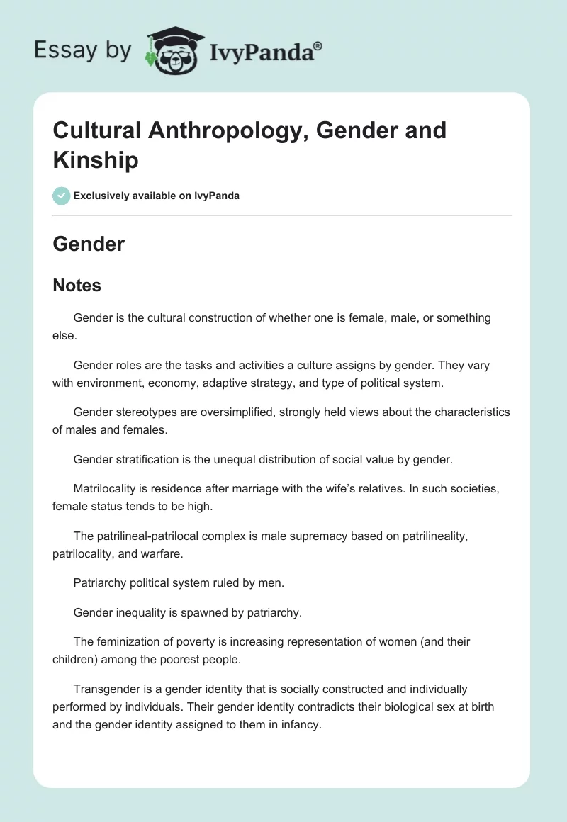 Cultural Anthropology, Gender and Kinship. Page 1