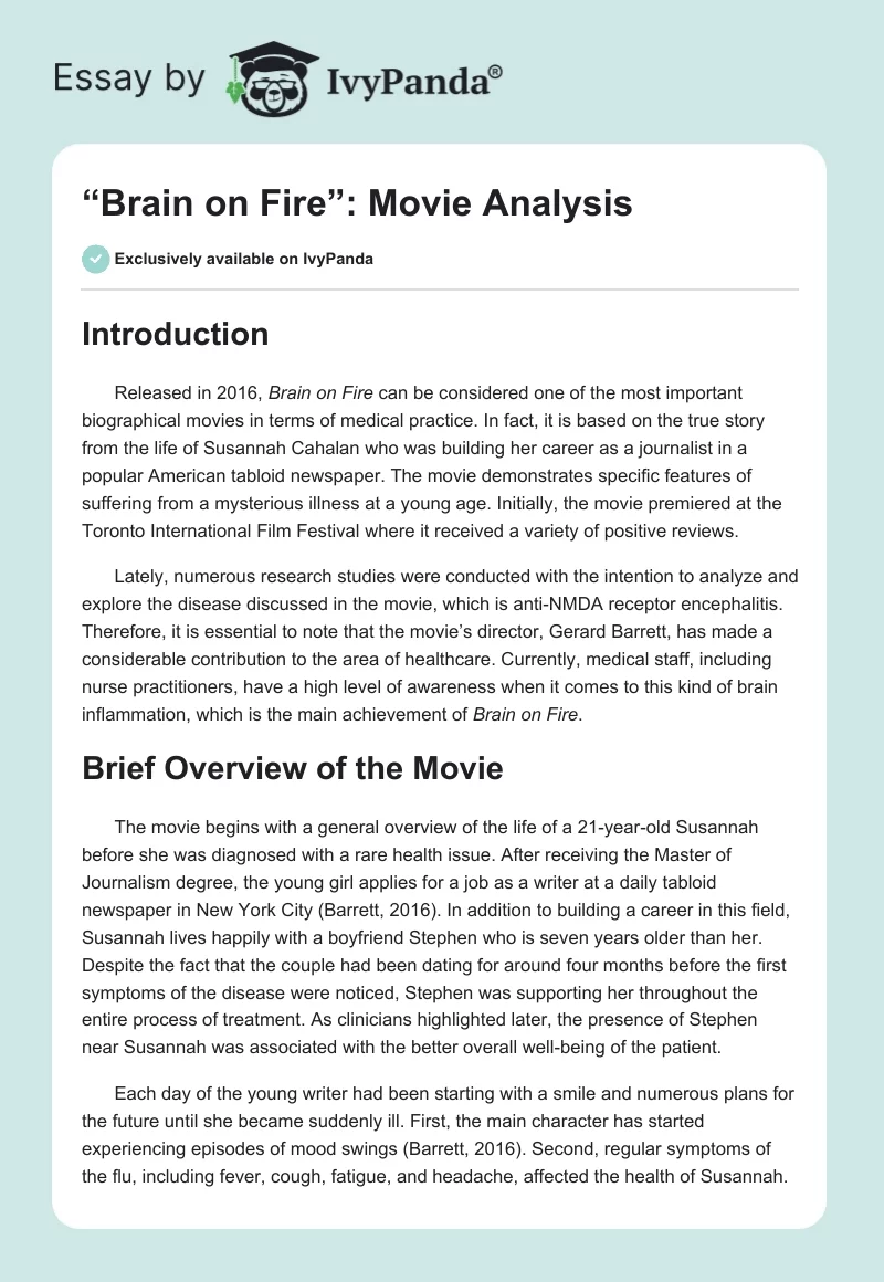 “Brain on Fire”: Movie Analysis. Page 1