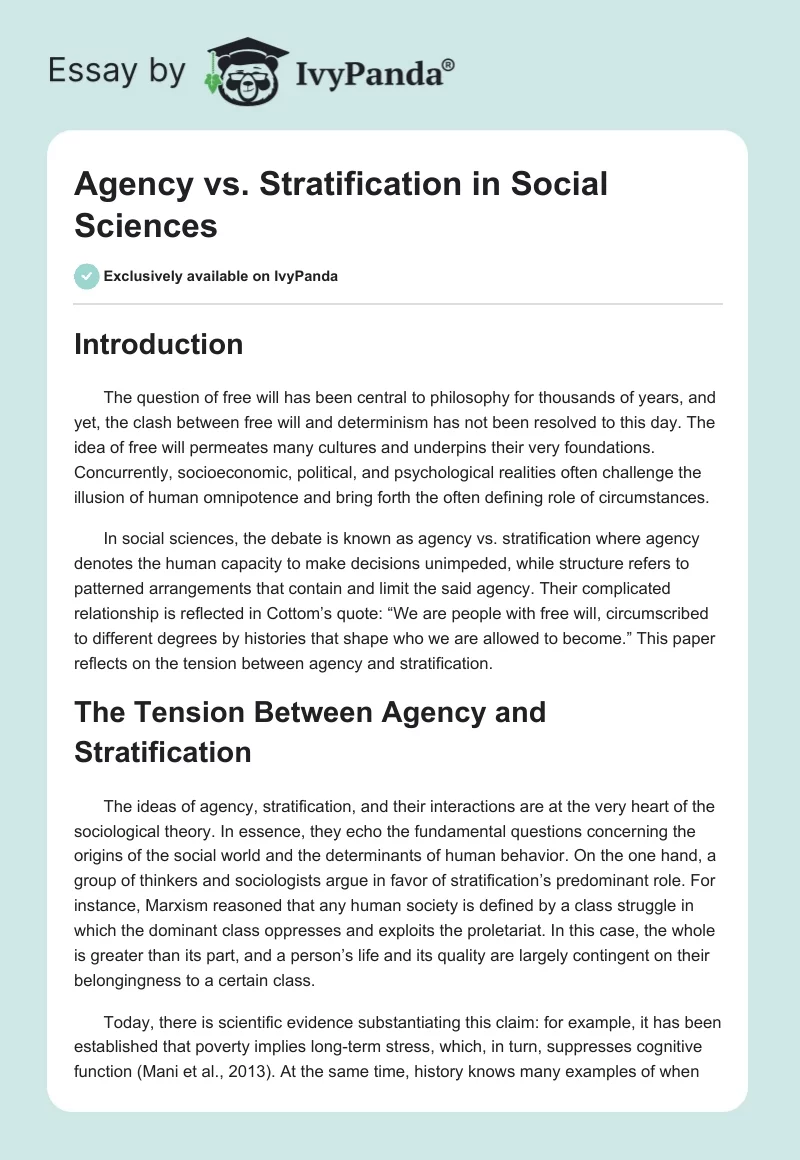 Agency vs. Stratification in Social Sciences. Page 1