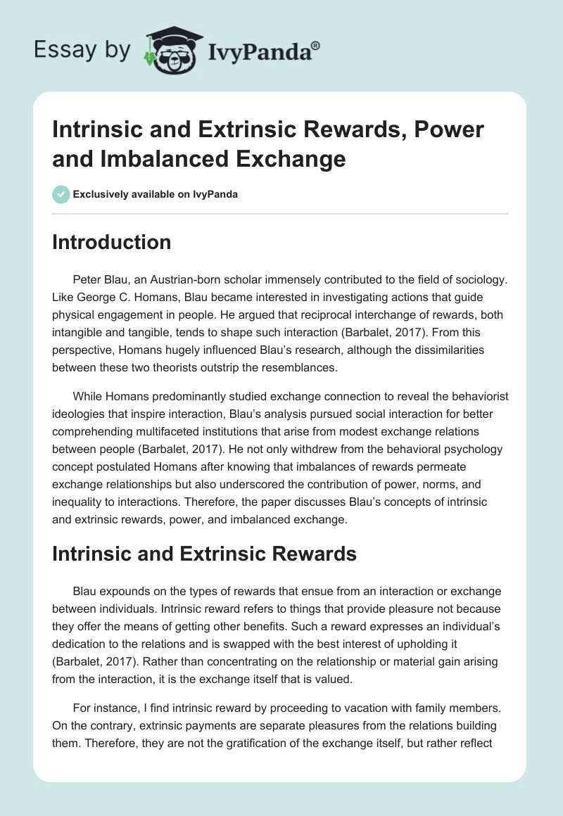 Intrinsic and Extrinsic Rewards, Power and Imbalanced Exchange. Page 1