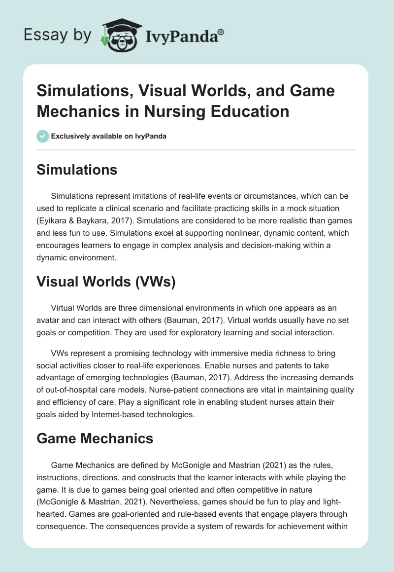 Simulations, Visual Worlds, and Game Mechanics in Nursing Education. Page 1
