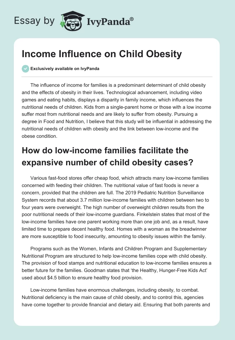 Income Influence on Child Obesity. Page 1