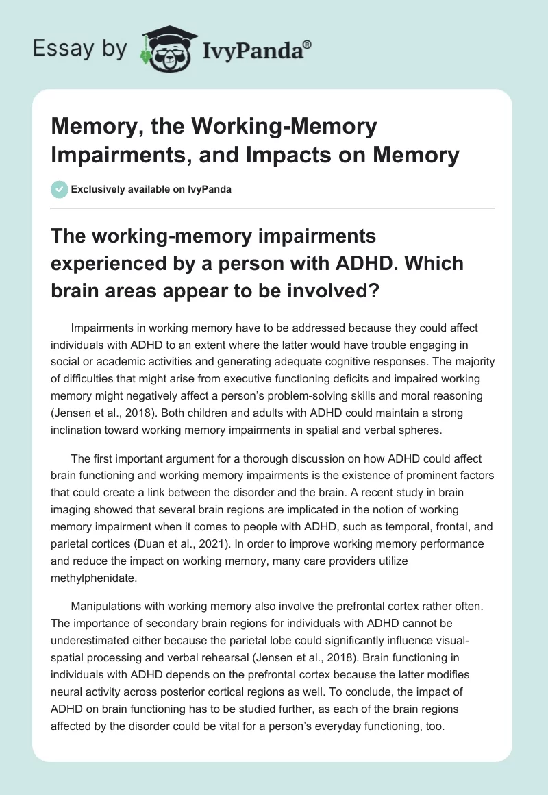Memory, the Working-Memory Impairments, and Impacts on Memory. Page 1