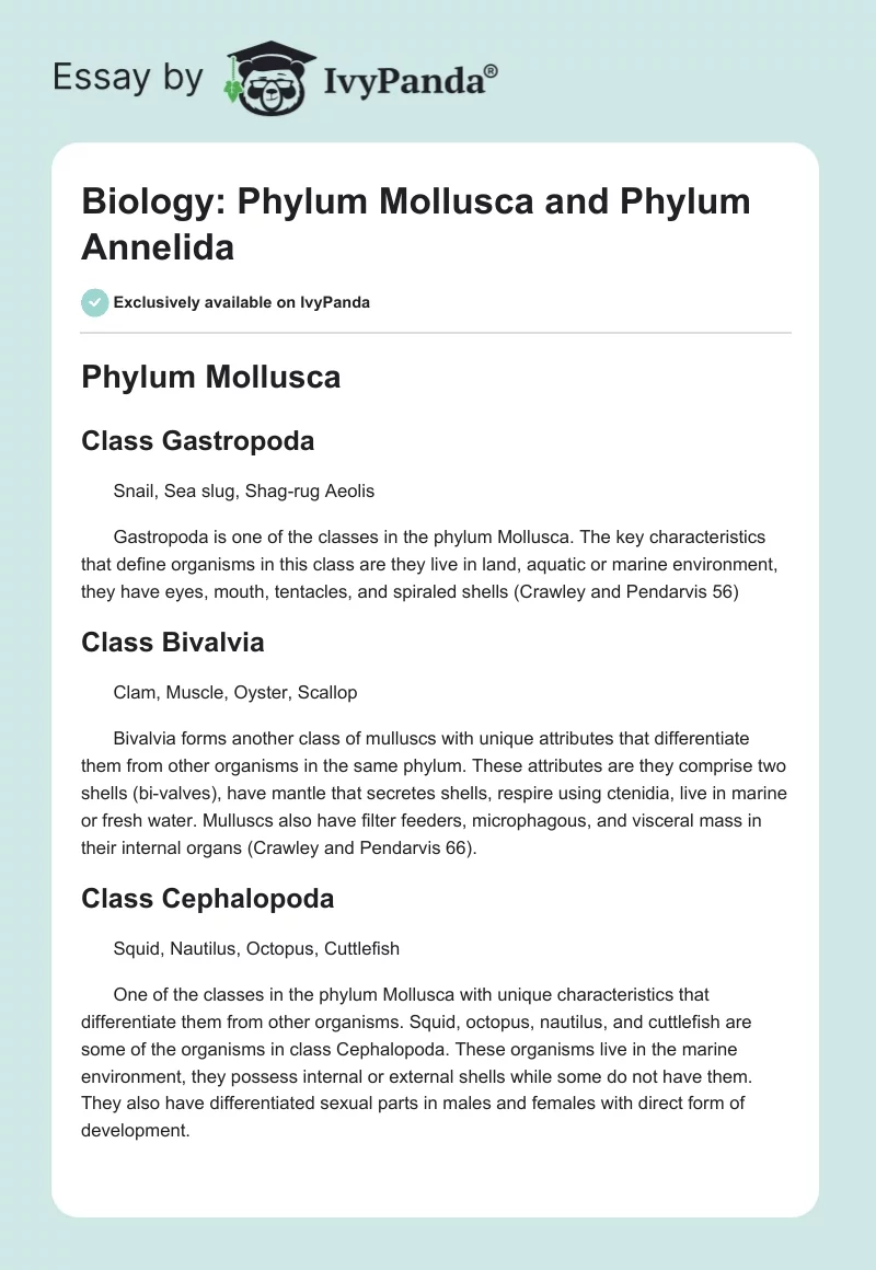 Biology: Phylum Mollusca and Phylum Annelida. Page 1