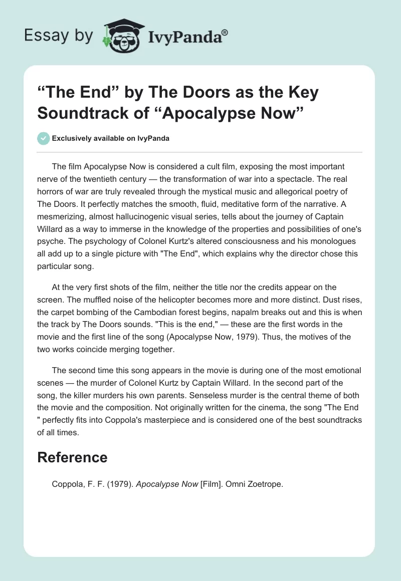 “The End” by The Doors as the Key Soundtrack of “Apocalypse Now”. Page 1