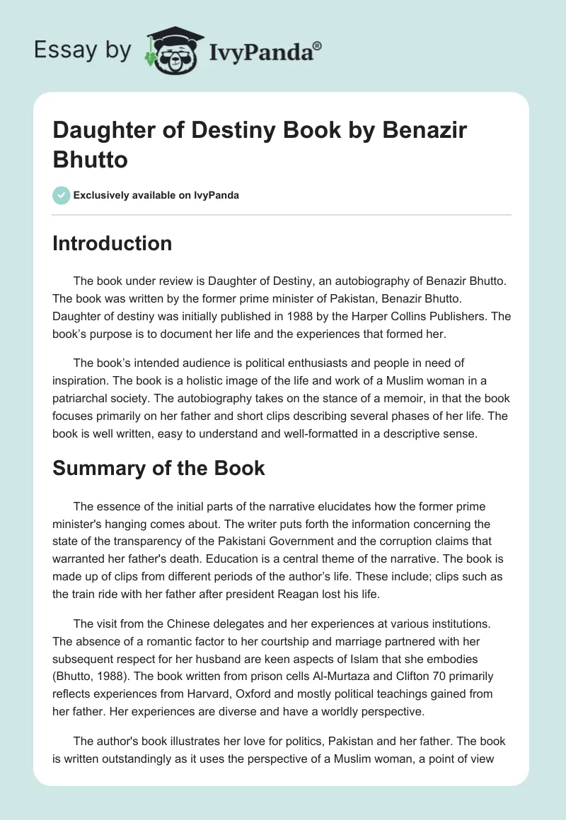 Daughter of Destiny Book by Benazir Bhutto. Page 1