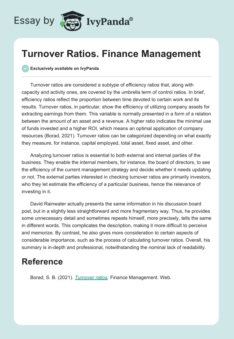 Turnover Ratios. Finance Management. Page 1