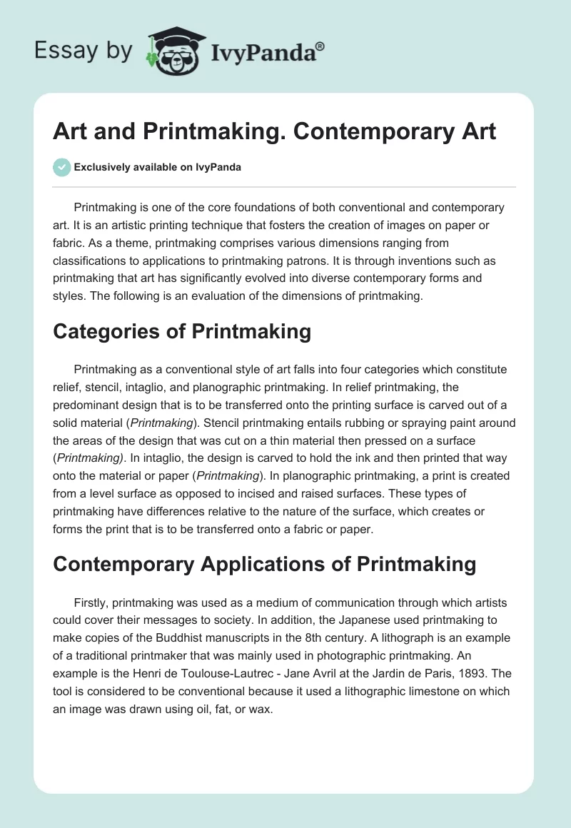Art and Printmaking. Contemporary Art. Page 1