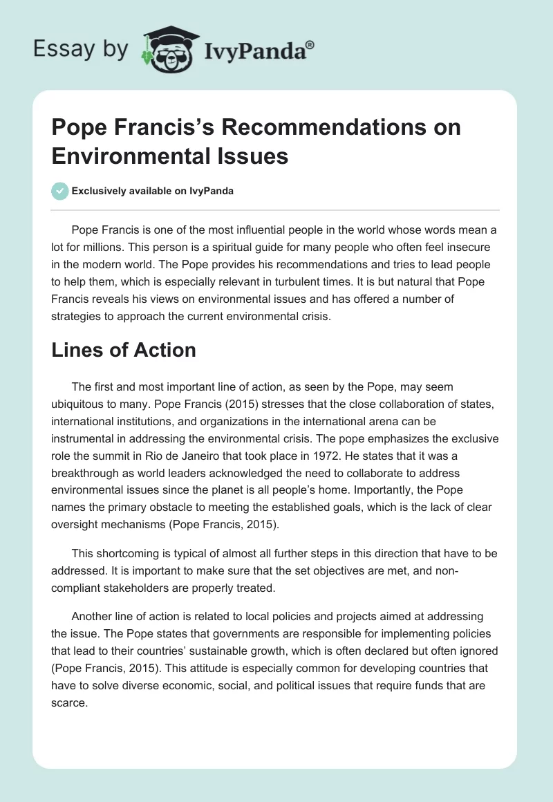 Pope Francis’s Recommendations on Environmental Issues. Page 1
