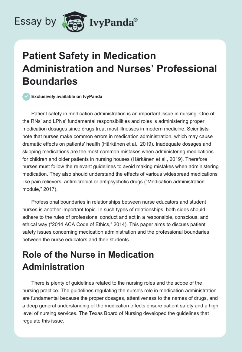 Patient Safety in Medication Administration and Nurses’ Professional Boundaries. Page 1