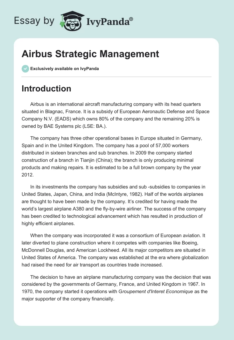 Airbus Strategic Management. Page 1