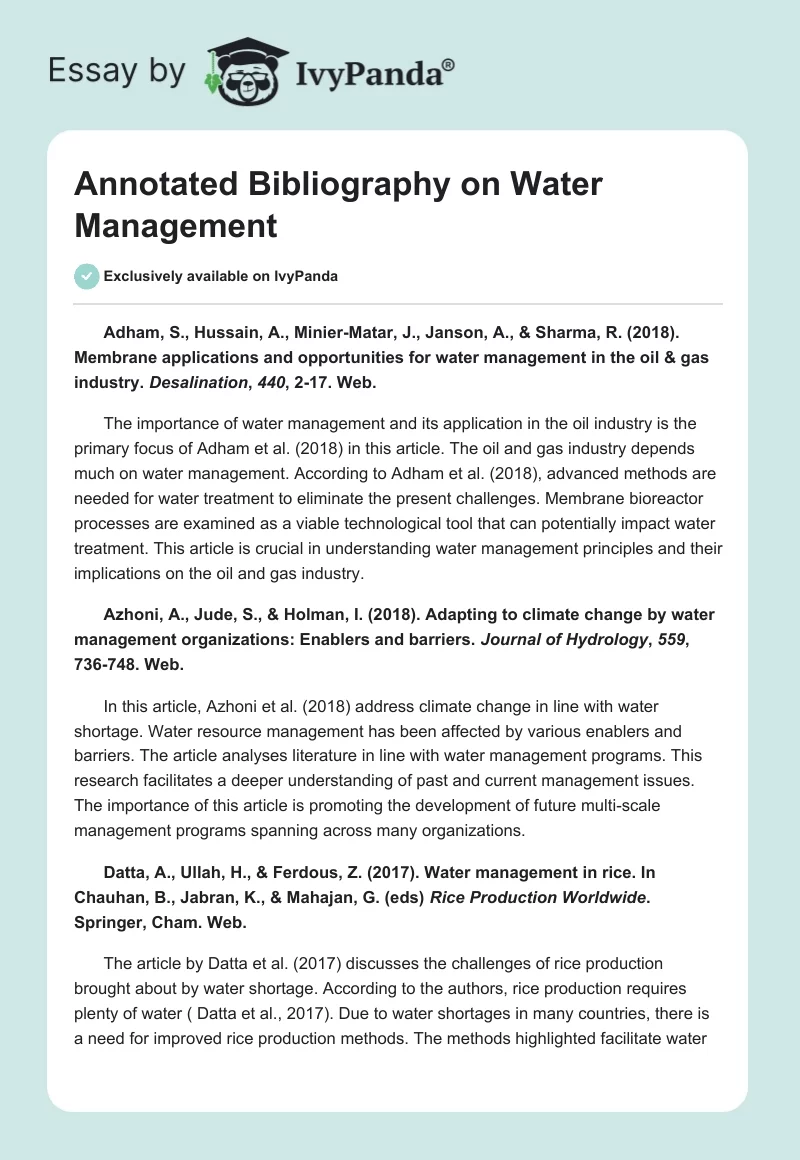 Annotated Bibliography on Water Management. Page 1