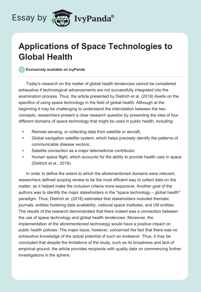 Applications of Space Technologies to Global Health. Page 1