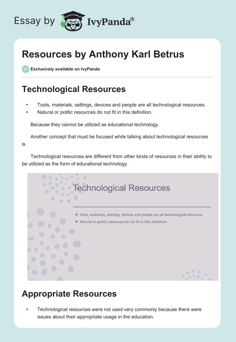 "Resources" by Anthony Karl Betrus. Page 1