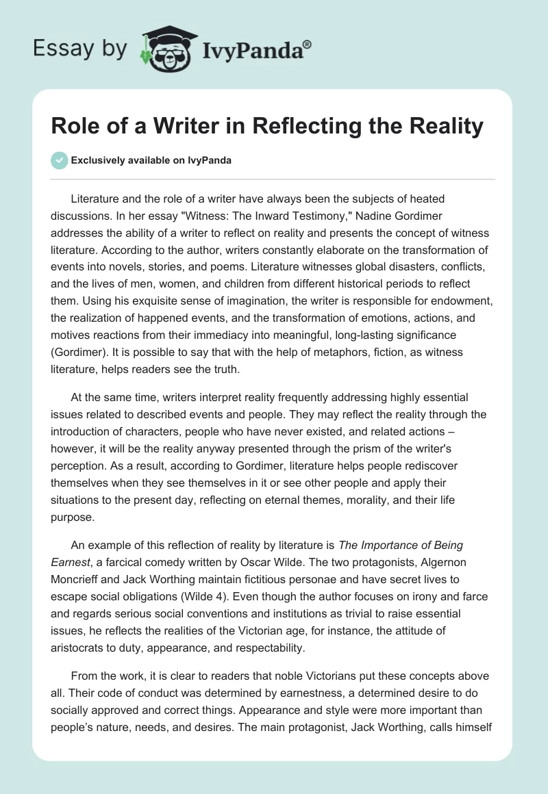 Role of a Writer in Reflecting the Reality. Page 1