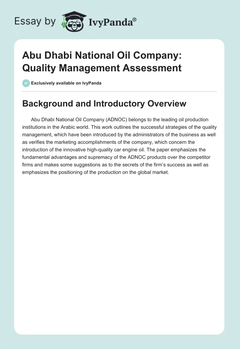 Abu Dhabi National Oil Company: Quality Management Assessment. Page 1