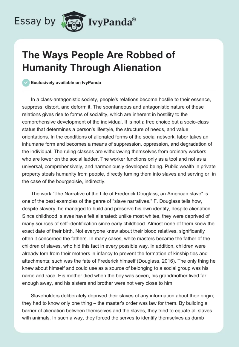 The Ways People Are Robbed of Humanity Through Alienation. Page 1
