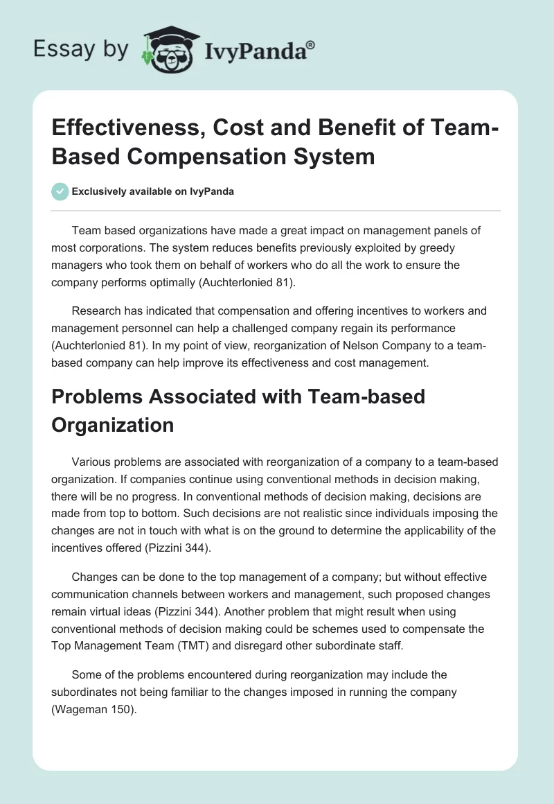 Effectiveness, Cost and Benefit of Team-Based Compensation System. Page 1
