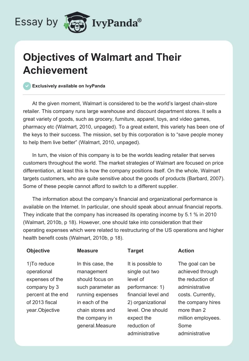 Objectives of Walmart and Their Achievement. Page 1