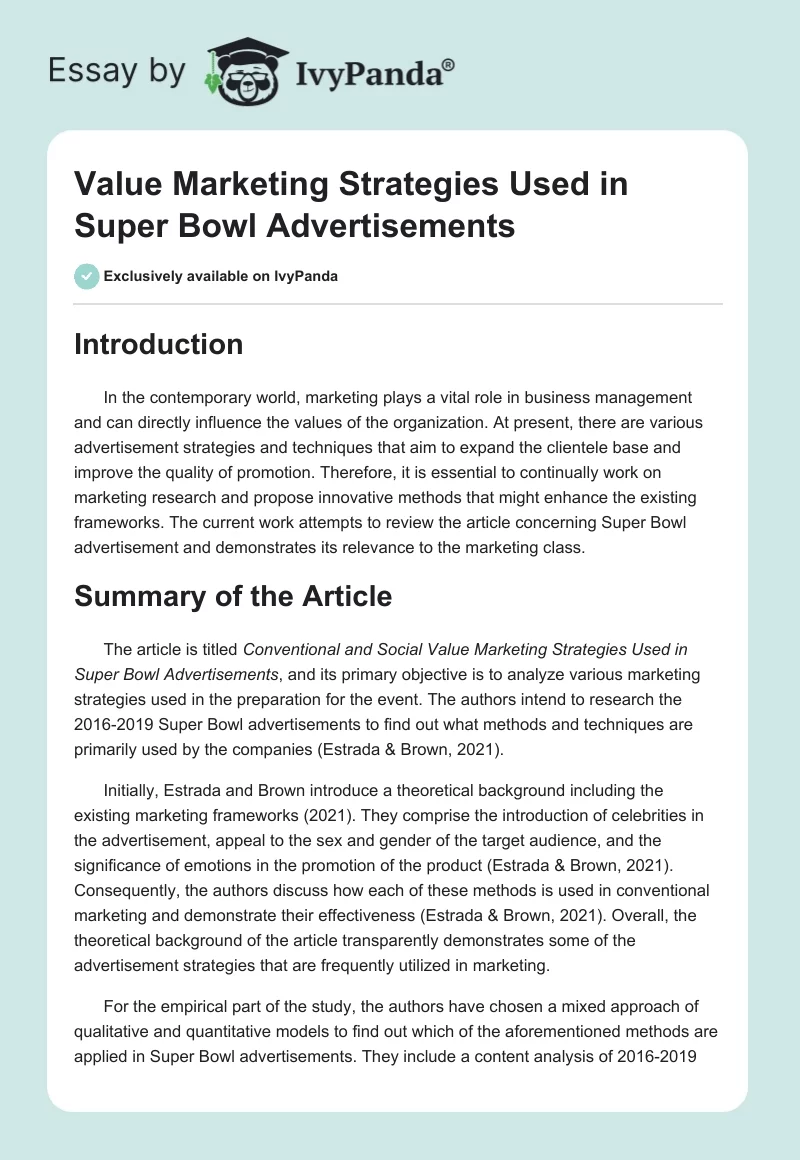 Value Marketing Strategies Used in Super Bowl Advertisements. Page 1