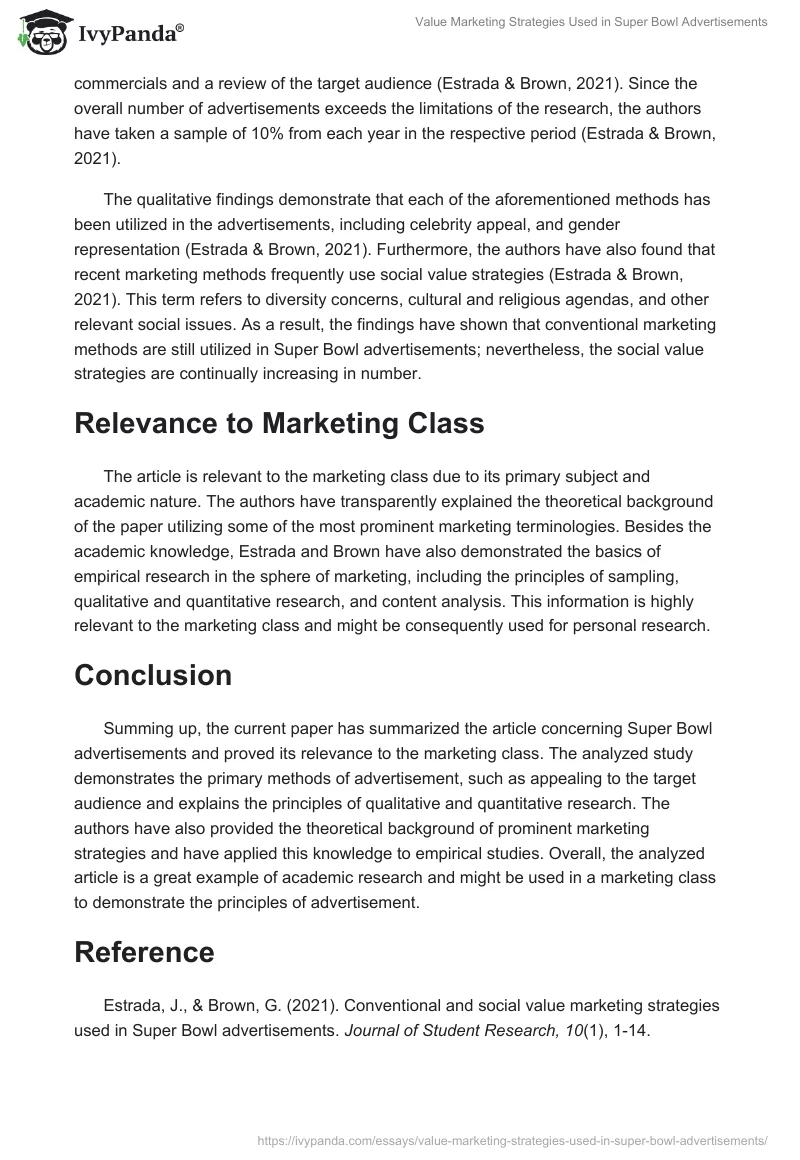 Value Marketing Strategies Used in Super Bowl Advertisements. Page 2