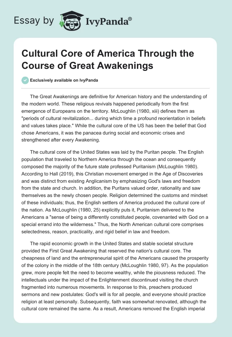 Cultural Core of America Through the Course of Great Awakenings. Page 1