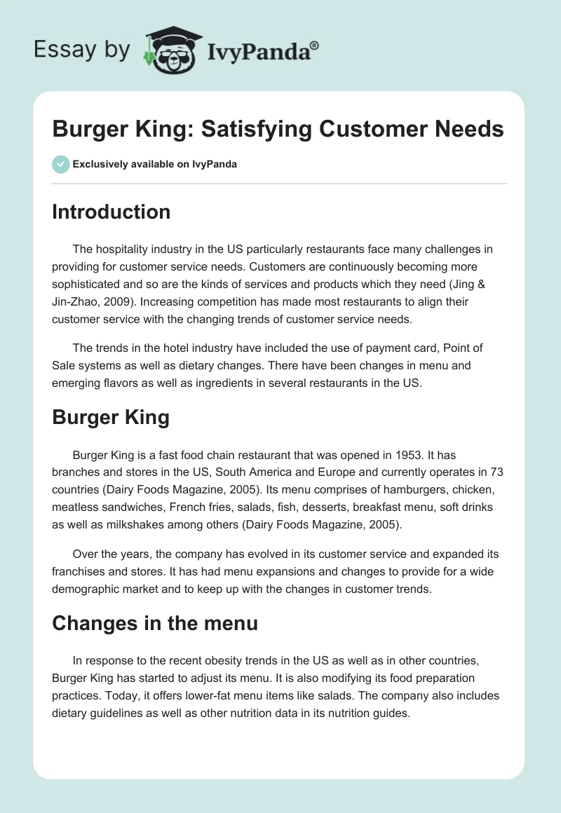 Burger King: Satisfying Customer Needs. Page 1