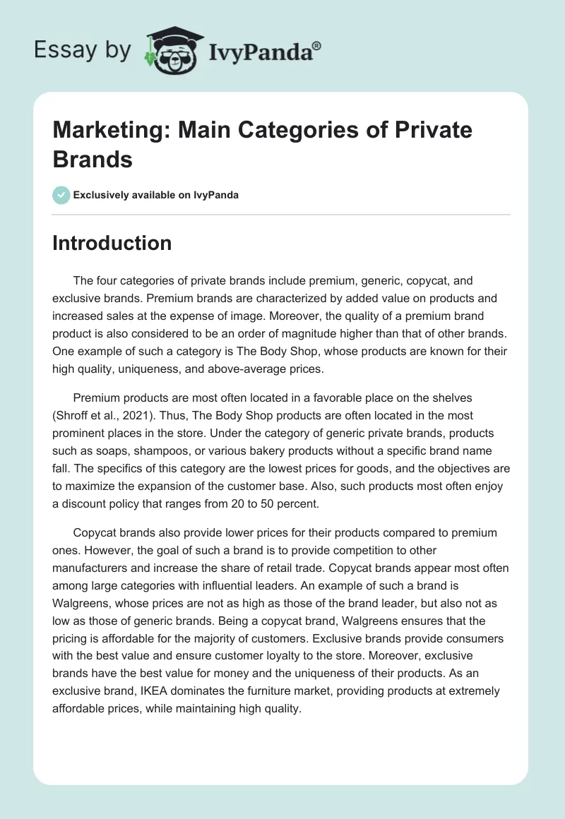 Marketing: Main Categories of Private Brands. Page 1