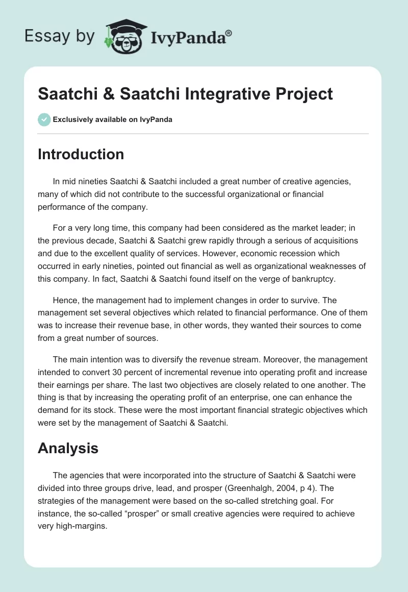 Saatchi & Saatchi Integrative Project. Page 1